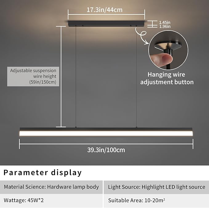LED Linear Pendant Light Fixtures, Dimmable Island Lights for Kitchen Dining Room Office, 39.3inch Modern Pool Table Light for Billiard Room, Height Adjustable, Black