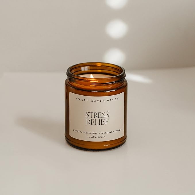 Sweet Water Decor Relief Soy Candle - Lemon, Orange, Eucalyptus and Soft Woods Scented Spa Candles for Home - 9oz Amber Jar + Black Lid, 40+ Hour Burn Time, Made in The USA