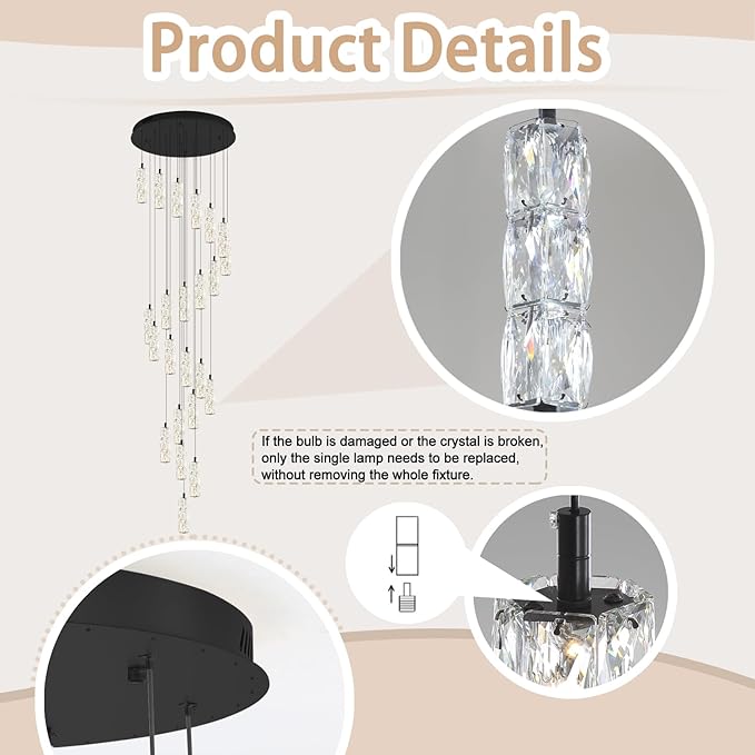 Modern Crystal Chandelier 24-Lights Black Chandelier Lighting Fixture High Ceiling Chandelier Suitable for Living Room Staircase Villa
