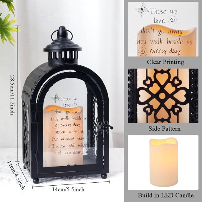 TRIROCKS Memorial Lantern 11'' High Walk Beside Us Remembrance Lantern With Automatic Timer LED Candle And Love Pattern Bereavement Sympathy Gifts For Funeral Memorial Service Loss of Loved One(Black)