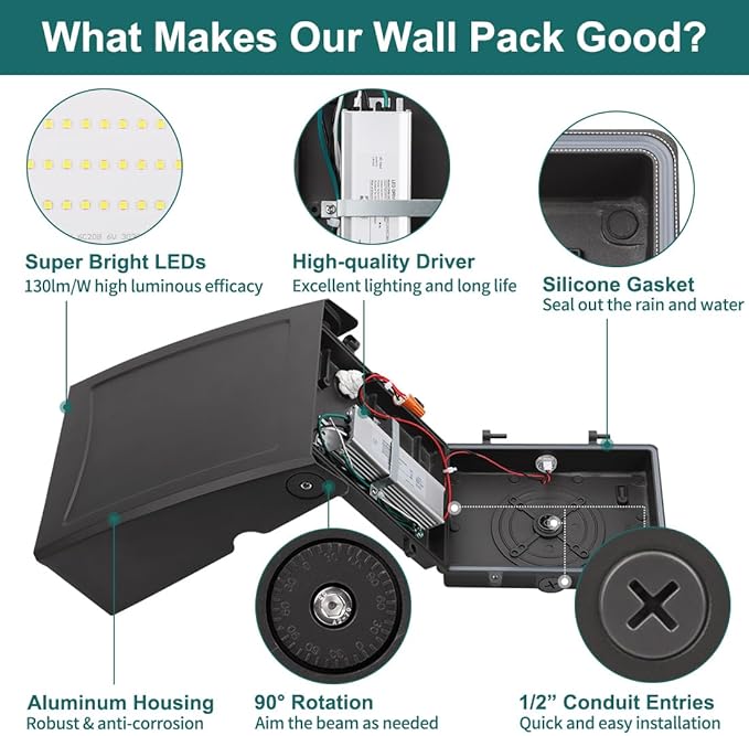 60W LED Wall Pack Light with Dusk-to-Dawn Photocell, 0-90° Adjustable Full Cutoff Outdoor Wall Light for House Yard Garage, 7800lm 5000K Daylight 100-277V ETL Listed