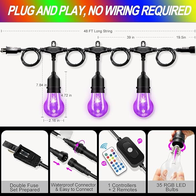 Auroraworld 96FT RGB Outdoor String Lights, Dimmable Color Changing Waterproof LED Patio Lights with Remote & E26 Shatterproof Edison Bulbs for Bistro Backyard Garden Party Decor