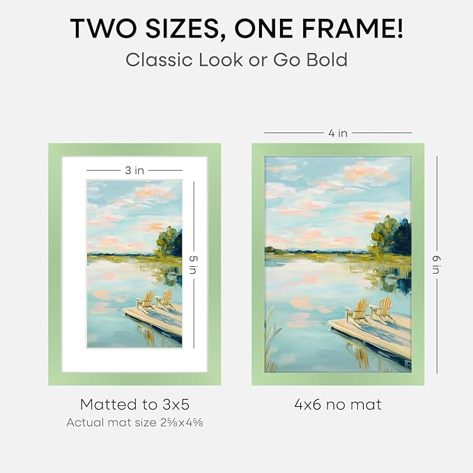 Homeforia Sage Green 4x6 Picture Frame, High End Metal 4 x 6 Frames with Mat 3 x 5 for Print, 4by6 Desk Frame Matted to 3x5 in Photo, 4 by 6 Wall or Tabletop Frames, Tempered Glass, Wall Kit, Set of 1