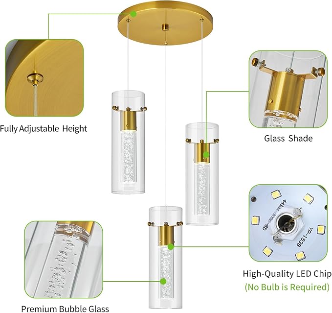 Pendant Ceiling Light Fixture for Kitchen Island, Gold Pendant Light Integrated LED Hanging Light with Crystal Bubble Glass Pendant Light Modern Pendant Lights Kitchen Island (3-Light)