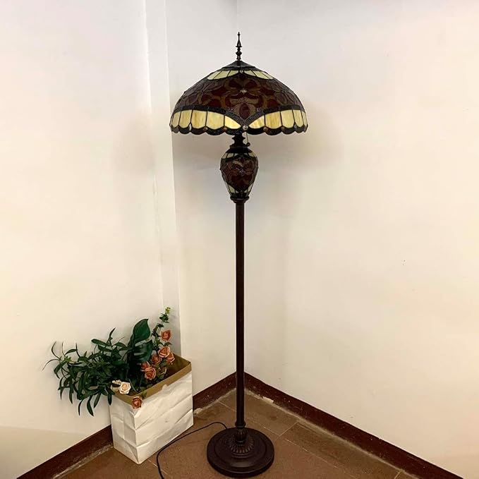 Bieye L10867 Baroque Tiffany Style Stained Glass Double Lit Floor Lamp for Home Decor 64-inch Tall (18-inch Wide, Red)