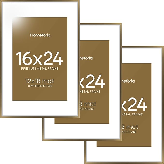 Homeforia 16 x 24 Bronze Frame, High End Metal 16x24 Brass Picture Frames with Mat 12x18 Photo, 16 x 24 Poster Frames Matted to 12 by 18 Print, 24x16 Hanging Frames, Tempered Glass, Wall Kit, Set of 3