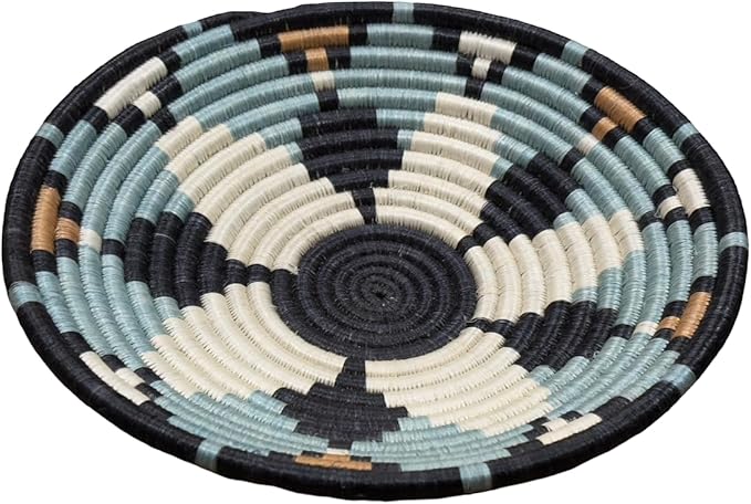 Handwoven African Basket Handmade sisal Fruit Bowl Wall Hanging decorative Baskets for Home Living Room Kitchen Centerpiece Zen Designs Arts and Crafts (Teal Black Floral, 8in diameter)