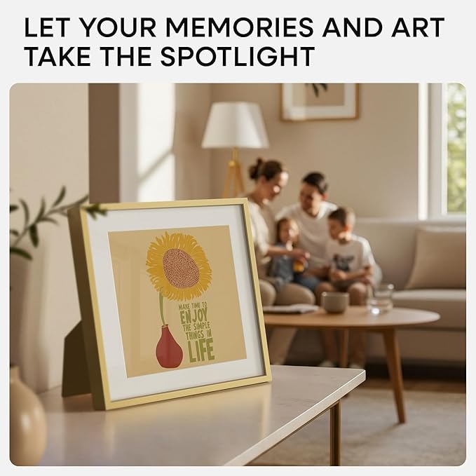 Homeforia Square 10x10 Gold Frame, High End Metal 10 by 10 Picture Frames with Mat 8 x 8, 10by10 Thin Poster Frame Matted to 8x8 inch Photo, Wall or Tabletop Frames, Tempered Glass, Wall Kit, Set of 1