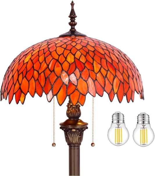 WERFACTORY Tiffany Floor Lamp Red Orange Wisteria Stained Glass Standing Reading Light 16X16X64 Inches Antique Style Pole Corner Lamp Decor Bedroom Living Room Home Office S523R Series