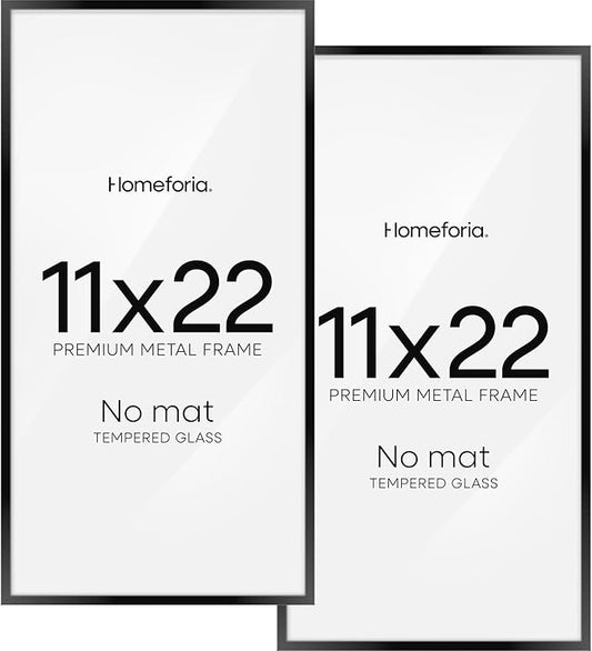 Homeforia 11x22 Black Newspaper Frame, High End Metal 11 x 22 Picture Frame without Mat, 22x11 Thin Black Poster Frames for Wall, 11by22 inches Display Photo Frames, Tempered Glass, Wall Kit, Set of 2