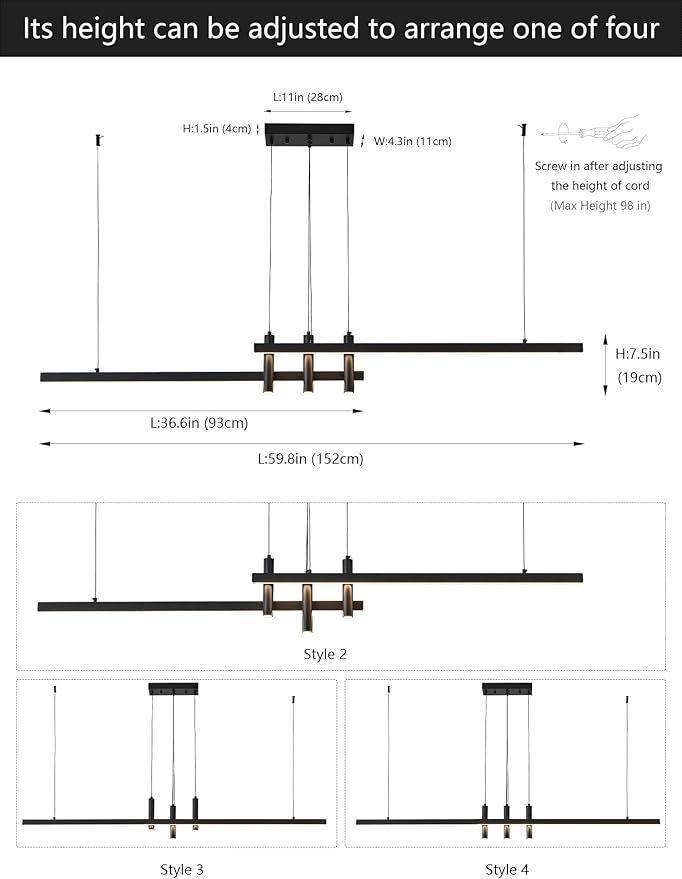 Modern Black Linear Pendant Lights Kitchen Island Lighting Minimalist Led Chandeliers Pool Table Light Dimmable Ceiling Hanging Light Fixture Dining Room with Remote Control (59in)