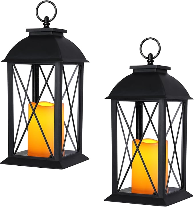 2 Pack 13-Inch Black Decorative Lantern with LED Candle (6hr Timer) - IP65 Waterproof Battery Powered - Outdoor Patio Hanging Lanterns Decorative Tabletop Lanterns