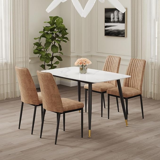 50" White Modern Sintered Stone Dining Table Set for 4 Faux Marble Dining Table with 4 Upholstered Leatheraire Fabric Chair Dining Room Table Set(1White Table+4Brown Chairs)