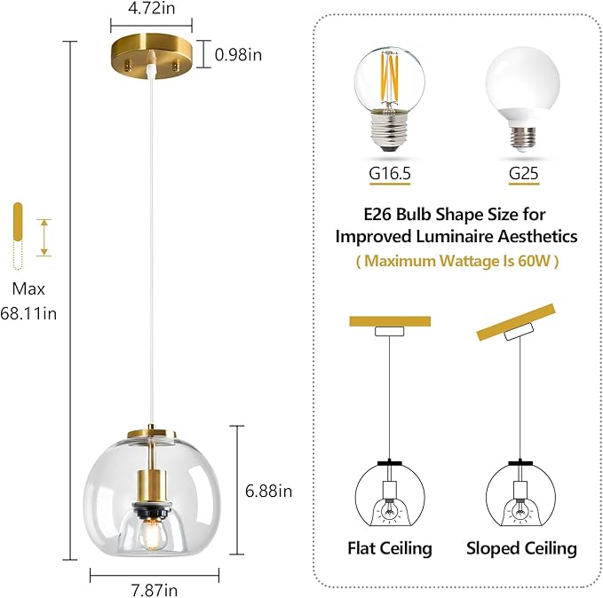 Clear Glass Pendant Lights Kitchen Island 2 Pack 7.87" Glass Globe Pendant Light Gold Hanging Light Fixture Modern Pendant Lighting for Kitchen Island Bedroom Dining Room