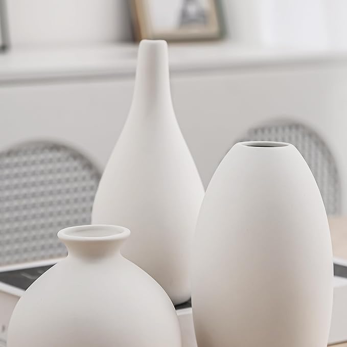 White Ceramic Vase Set of 3, Farmhouse Decor, Home Decorative Vases for Kitchen, Bedroom, Office, Living Room, Bathroom, Shelf Centerpiece Table Decorations, Vases Set Gift
