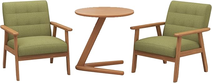 Westice Accent Chairs Set of 2 with Side Table, Mid-Century Modern Leisure Chairs with Coffee Table, Retro Wood Armchair, Comfy Lounge Side Chair for Living Room, Bedroom, Green Linen & Natural Frame