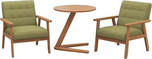 Westice Accent Chairs Set of 2 with Side Table, Mid-Century Modern Leisure Chairs with Coffee Table, Retro Wood Armchair, Comfy Lounge Side Chair for Living Room, Bedroom, Green Linen & Natural Frame