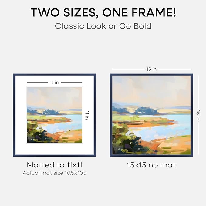 Homeforia 15x15 Picture Frame Navy Blue, High End Metal 15 x 15 Square Poster Frame with Mat 11 x 11 Photo, 15x15 Frame Matted to 11x11 Print, 15by15 Hanging Frames, Tempered Glass, Wall Kit, Set of 1
