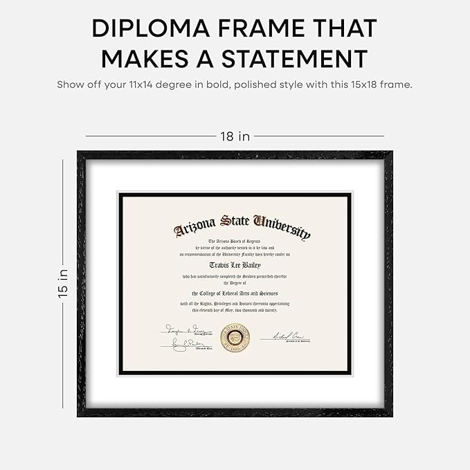 Homeforia 15x18 Diploma Black Wood Frame, High End Black Oak 15 x 18 Certificate Frames with Mat 11 x 14, 18x15 Document Frame Matted to 11x14, Degree Wooden Frames, Tempered Glass, Wall Kit, Set of 1