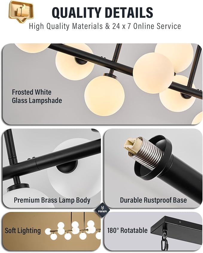 Modern Chandeliers for Dining Room Kitchen Island, 55" Long Large Linear Sputnik Globe Chandelier, 16-Light Mid Century Modern Light Fixture Over Table, Black and Milk White Bubble, GC-08