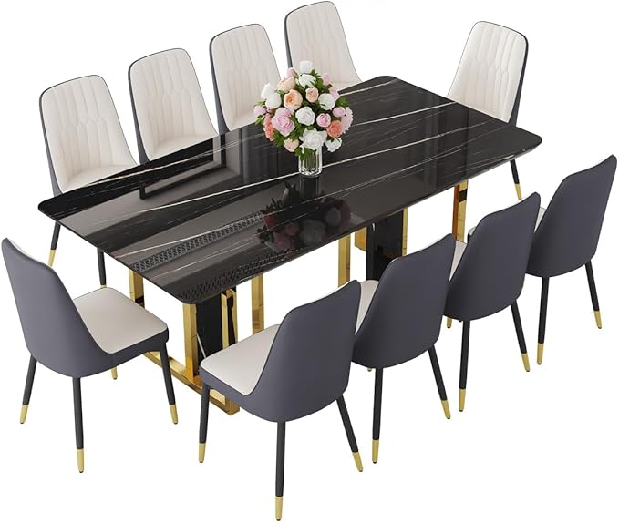 TesNus 79" Black Dining Table Set for 10 with Chairs,Large Faux Marble Kitchen Table and Chairs Set Rectangular 11 Piece Dining Room Set with Gold Metal Legs,Modern Design,Easy Assemble,Stable Base