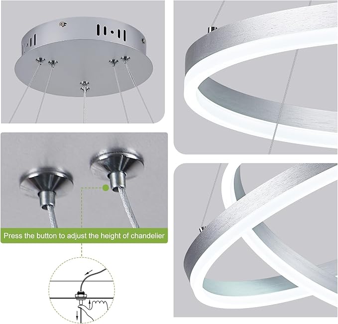 2-Rings Modern LED Chandelier Silver for Dining Room, Circular Flush Mount Ceiling Chandelier Light Dimmable Pendant Light with Remote Control for Living Room Entrance Foyer, 3000K-6500K