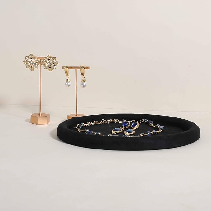 GemeShou Round Jewelry Organizer plate, Top Microfiber velvet Jewerly display tray, Empty Jewelry showcase tray for Necklace Bracelet Ring Earring display stand holder (Black-Large, 9.8 x 9.8 in)