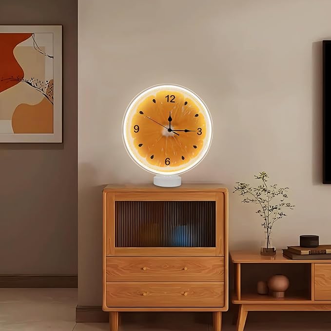 jXIN 12 Inch Orange - Shaped Fun Clock, 2-in-1 LED Silent Clock and Warm White Night Light, Creative Decorative for Cozy Atmosphere Children's Room