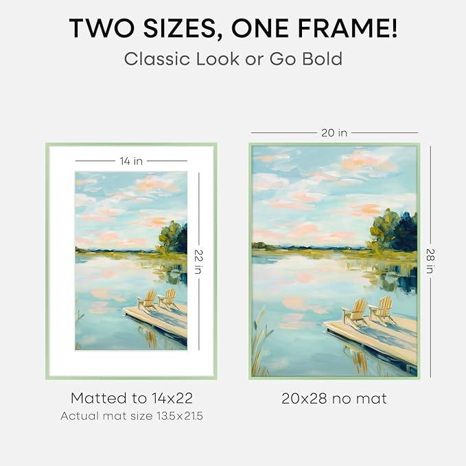Homeforia 20x28 Frame Sage Green, High End Metal 20x28 Poster Frames with Mat 14x22 inch Photo, 20 x 28 Sage Green Picture Frame Matted to 14 by 22 Art, 28x20 Frame, Tempered Glass, Wall Kit, Set of 1