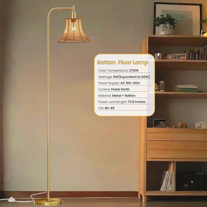 Floor Lamp,67" Modern Vintage Standing Lamp with Rattan Lampshade Metal Pole for Living Room, Bedroom, Office - Heavy Base,Pedal Switch(Include E26 Bulb)
