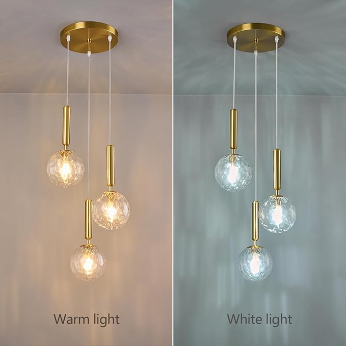 Mid Century Globe Pendant Light with Clear Glass for Kitchen Island Modern Gold Finish Hanging Light Fixture Retro Round Pendant Lighting for Living Room Bedroom Entryway(3 Lights)