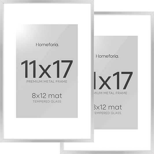 Homeforia 11 x 17 Frame Silver, High End Metal 11x17 Picture Frames with Mat 8x12 for Photo, 11 x 17 Silver Poster Frame Matted to 8 x 12 Print, 17x11 Hanging Frame, Tempered Glass, Wall Kit, Set of 2