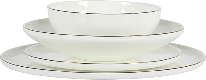 Gibson Elite Lana 16 Piece Bone China Double Plates and Bowls Dinnerware Set, White w/Gold Rim