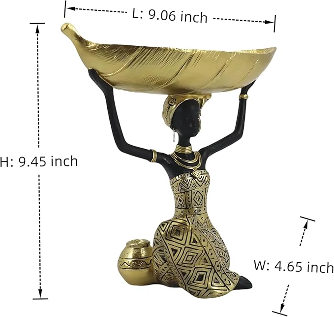 African Woman Resin Statue Holding Leaf Bowl – Golden Tribal Kneeling Figurine for Jewelry Tray, Snack Holder, Home Shelf Decor