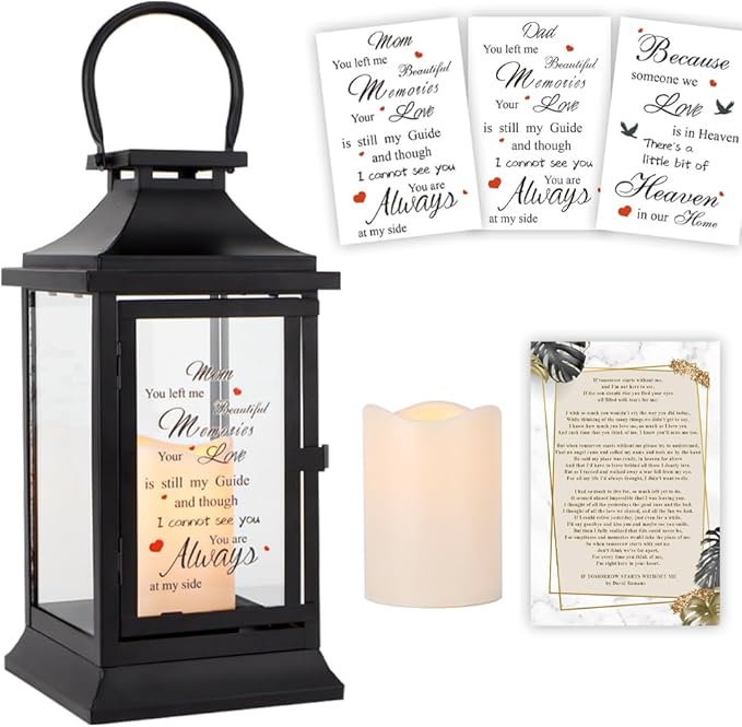 Memorial Lantern Bereavement Gifts in Memory of Loved One Memorial Gifts for Loss of Mother/Father/Loved One Remembrance Sympathy Gifts with Timer LED Candle and Tribute Stickers(with Postcard)