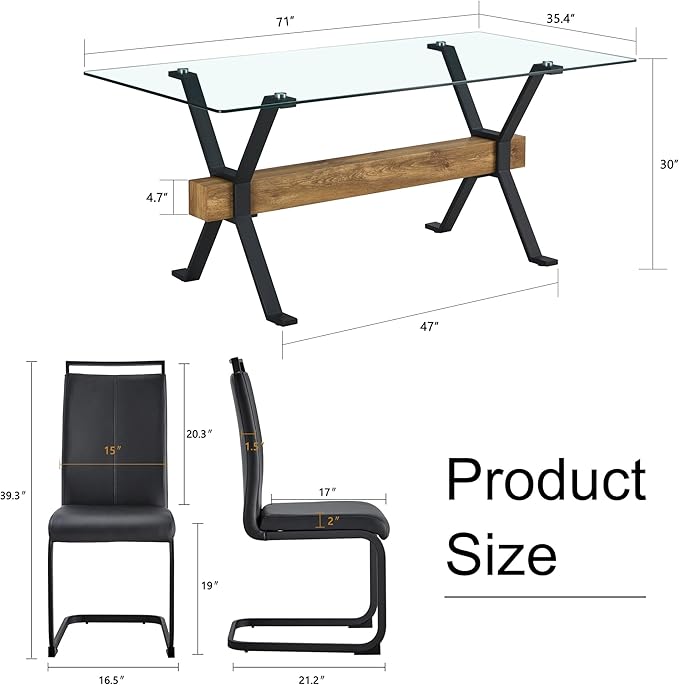 5 Piece Glass Dining Table Set, Kitchen Table Chairs Set for 4, 71'' Dining Table with 0.4" Tempered Glass Tabletop with Plated Metal Legs and MDF Crossbar, 4 PU Chairs for Dining Room, Kitchen.
