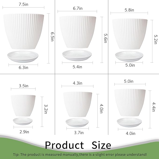 Plant Pots Indoor with Saucers & Drainage - 6 Pack Flower Pots - Plastic Planters for Indoor Planter - 7.5/6.6/5.8/5.0/4.3/3.5 inches Sizes for All Different Types of Plants - White
