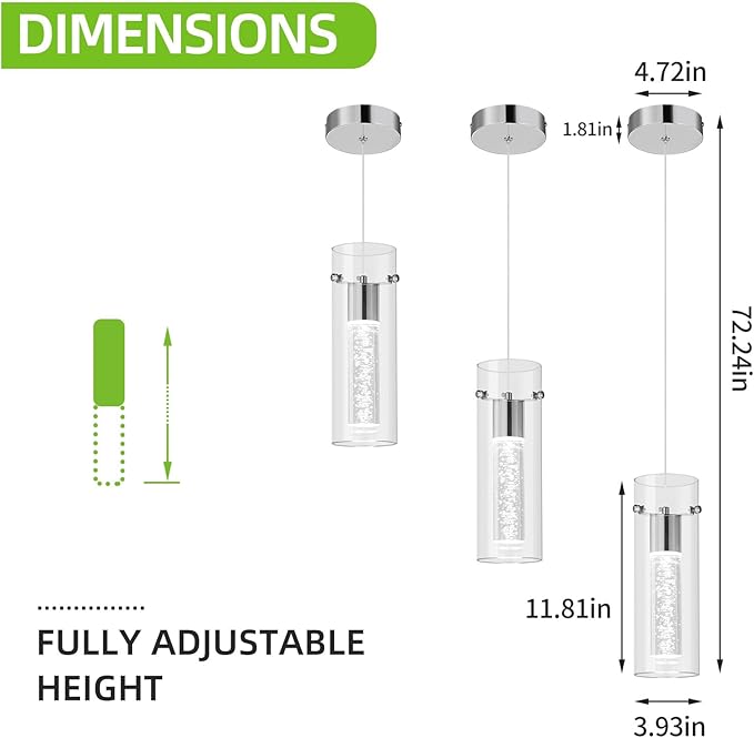 Pendant Ceiling Light Fixture for Kitchen Island, Chrome Pendant Light Integrated LED Hanging Light with Crystal Bubble Glass Pendant Light Modern Pendant Lights Kitchen Island (1-Pack)