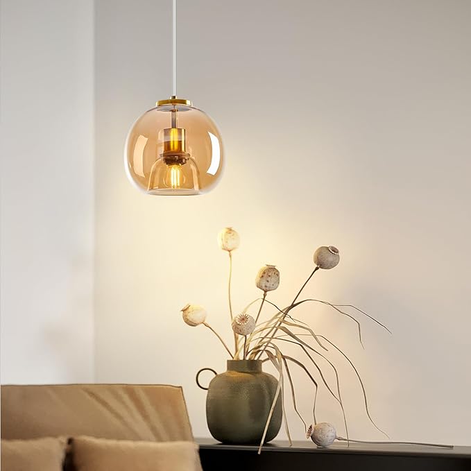 Amber Glass Pendant Lights Kitchen Island Gold Hanging Light Fixture Glass Globe Pendant Light Modern Pendant Lighting for Kitchen Island Bedroom Dining Room (7.87", 3 Pack)