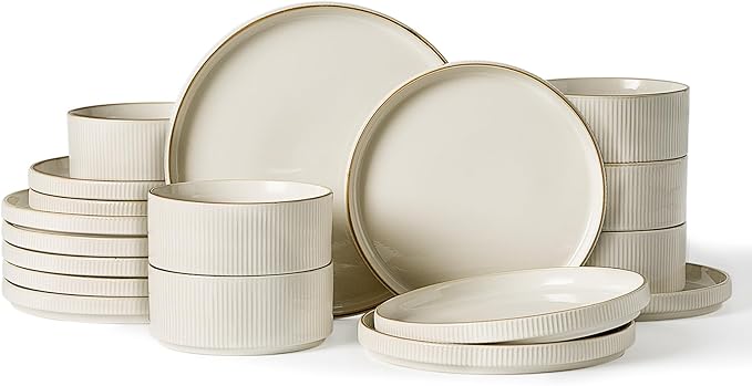Famiware Star Dinnerware Set, Plates and Bowls Sets for 6 (18pcs), Ribbed Stoneware Dishes - Chip & Scratch Resistant, Microwave & Dishwasher Safe Kitchenware, White