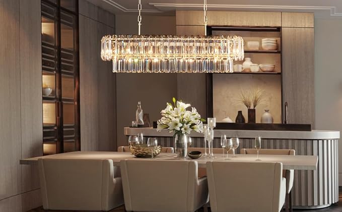 L35.4in Gold Crystal Chandeliers 14-Light Modern Chandeliers for Dining Room Rectangle Luxury Pendant Light Fixture for Kitchen Island,Entryway,Living Room