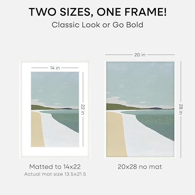 Homeforia 20x28 Picture Frame White, High End Oak 20 x 28 White Wood Poster Frames with Mat 14 by 22 Photo, 20x28 Wooden Frame Matted to 14x22, 28x20 Hanging Frames, Tempered Glass, Wall Kit, Set of 1