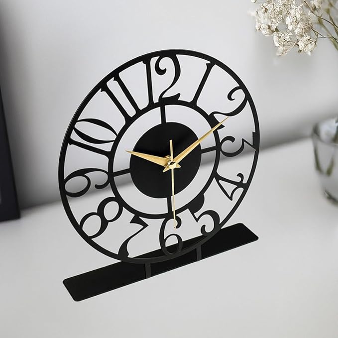 8.9x9.5 Metal Desk Clock, Black Round Silent Non-Ticking Analog Table Clock, Battery Operated, Decorative Desk and Shelf Clock, Desk Clocks for Living Room Bedroom Kitchen Office School