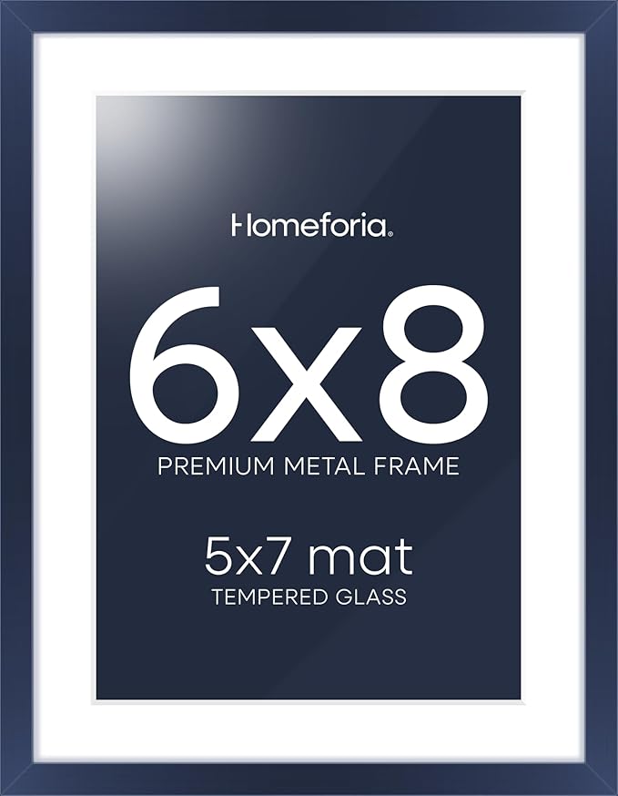 Homeforia Navy Blue 6x8 Picture Frame, High End Metal 6 x 8 Frames with Mat 5 x 7 for Print, 6by8 Desk Frame Matted to 5x7 inch Photo, 6 by 8 Wall or Tabletop Frame, Tempered Glass, Wall Kit, Set of 1