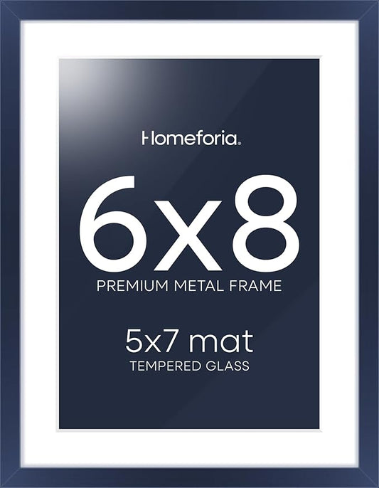 Homeforia Navy Blue 6x8 Picture Frame, High End Metal 6 x 8 Frames with Mat 5 x 7 for Print, 6by8 Desk Frame Matted to 5x7 inch Photo, 6 by 8 Wall or Tabletop Frame, Tempered Glass, Wall Kit, Set of 1
