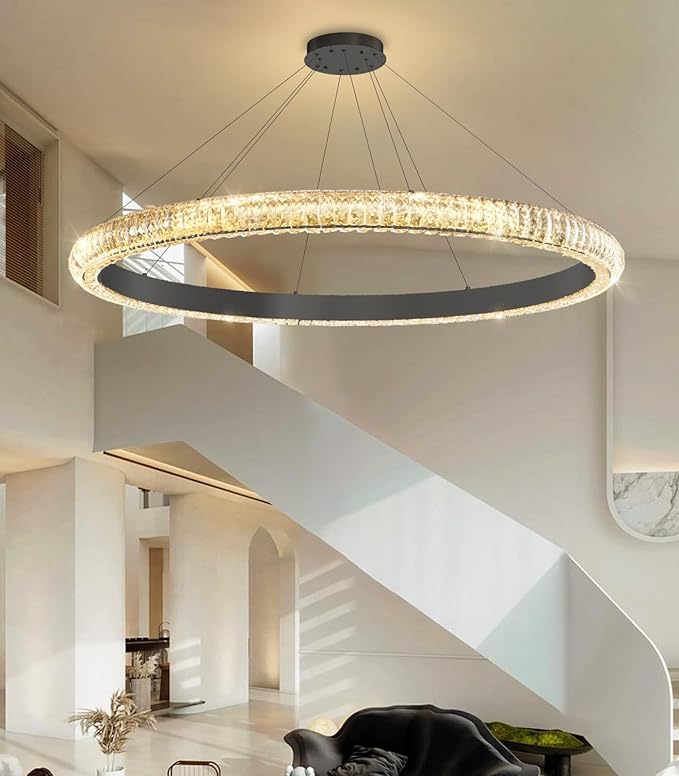 40" 1 Ring Crystal Chandelier Modern LED Dimmable Ring Pendant Light Chandelier for Dining Room Living Room Black