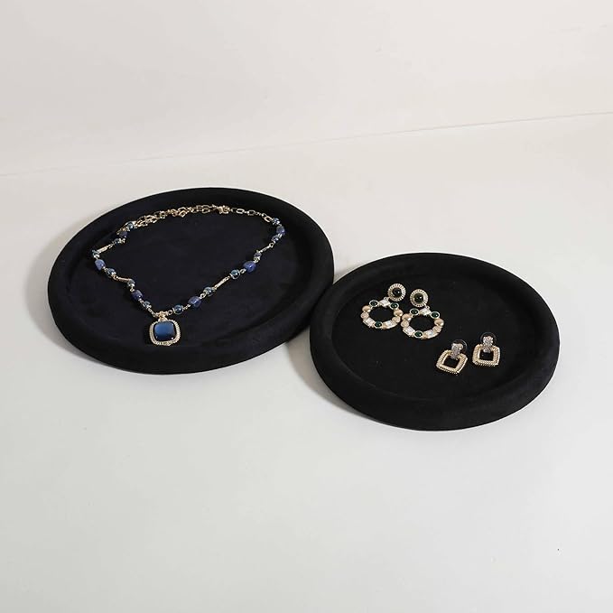 GemeShou Round Jewelry Organizer plate, Top Microfiber velvet Jewerly display tray, Empty Jewelry showcase tray for Necklace Bracelet Ring Earring display stand holder (Black-Medium, 7.9 x 7.9 in)