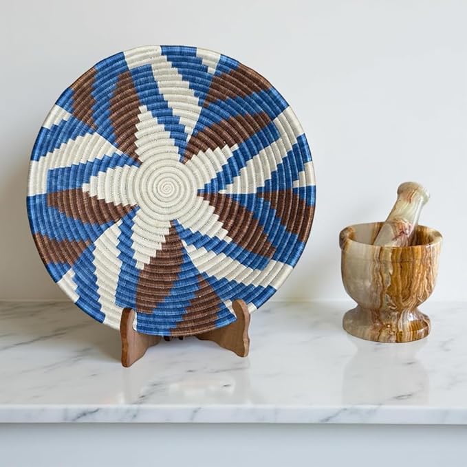 Handwoven African Basket Handmade sisal Fruit Bowl Wall Hanging decorative Baskets for Home Living Room Kitchen Centerpiece Zen Designs Arts and Crafts (Blue Brown Natural, 12in diameter)