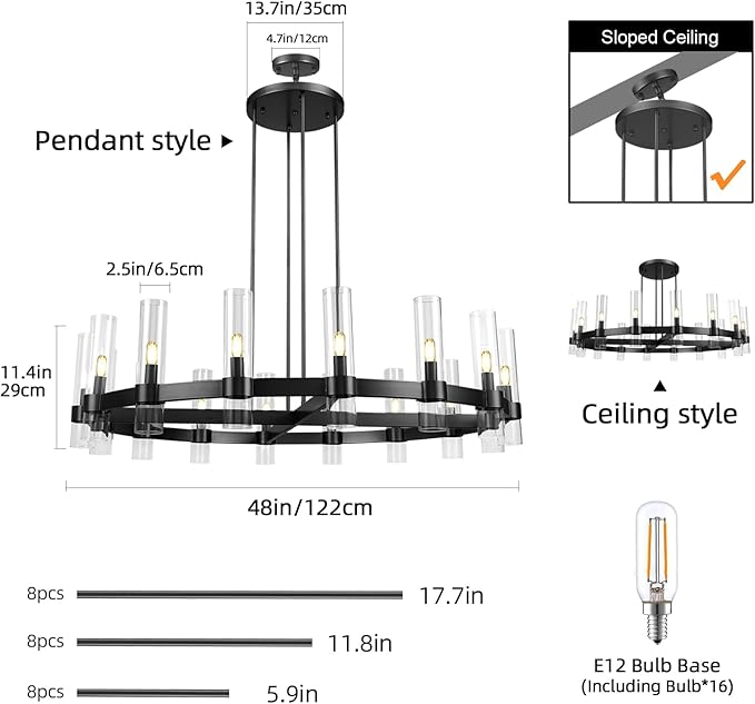 Modern 48" Black Wagon Wheel Chandelier, Black Farmhouse Chandeliers for Dining Room,16-Light Round Living Room Chandelier with Glass Tube for Bedroom,Staircase, Foyer, Entryway, Includes Bulbs