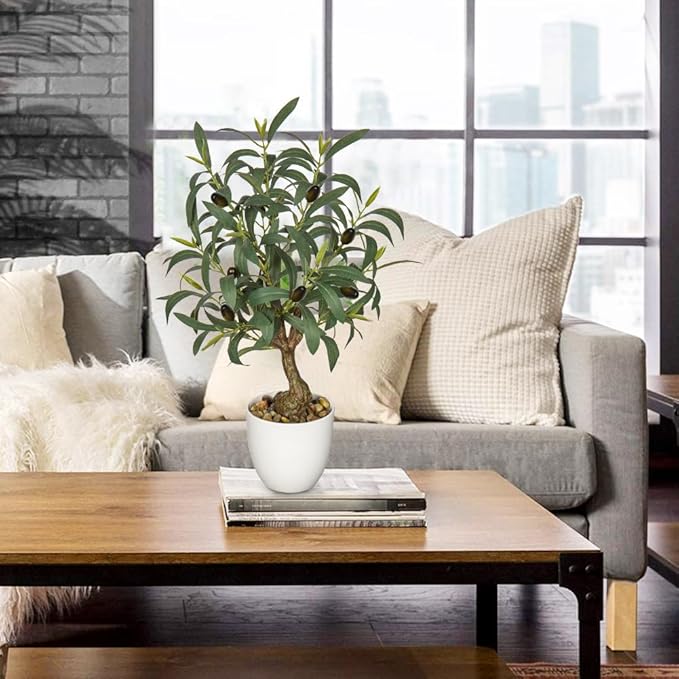 Briful Olive Trees Artificial Indoor 18 Inch Fake Olive Tree White Pot Faux Olive Greenery for Home Office Room Table Modern Decor
